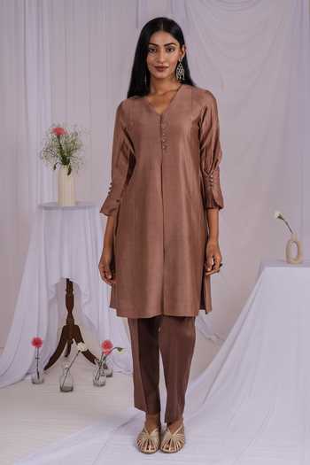 Shop_Mushio_Brown Chanderi V-neck A-line Short Kurta 
