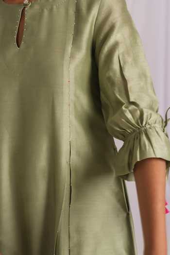 Buy_Mushio_Green Chanderi Keyhole Neck Hand Embellished Dress _Online_at_Aza_Fashions