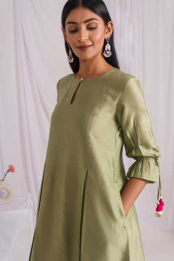 Shop_Mushio_Green Chanderi Keyhole Neck Hand Embellished Dress _Online_at_Aza_Fashions