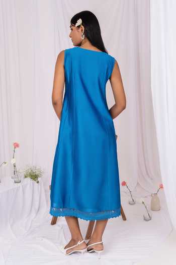 Shop_Mushio_Blue Chanderi Keyhole Neck Hand Embellished Midi Dress _at_Aza_Fashions