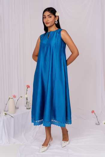 Buy_Mushio_Blue Chanderi Keyhole Neck Hand Embellished Midi Dress _at_Aza_Fashions