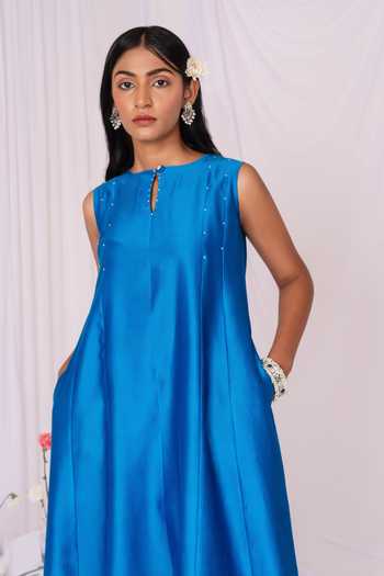 Mushio_Blue Chanderi Keyhole Neck Hand Embellished Midi Dress _Online_at_Aza_Fashions