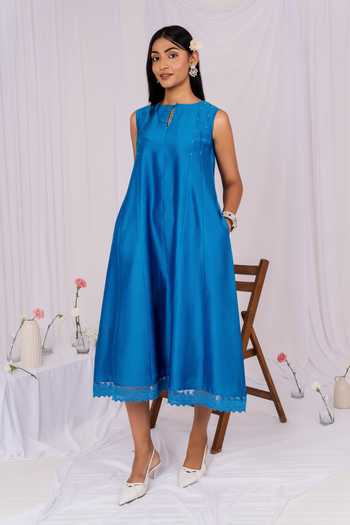 Buy_Mushio_Blue Chanderi Keyhole Neck Hand Embellished Midi Dress _Online_at_Aza_Fashions