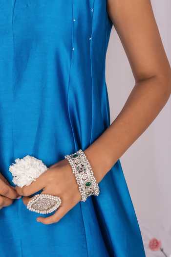 Mushio_Blue Chanderi Keyhole Neck Hand Embellished Midi Dress _at_Aza_Fashions