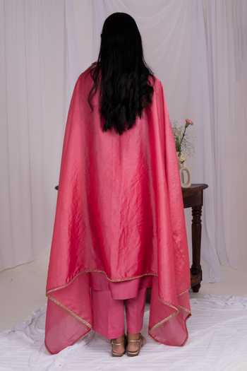 Shop_Mushio_Pink Chanderi, Silk, Cotton, Organza V-neck Floral Pattern Kurta Set _at_Aza_Fashions