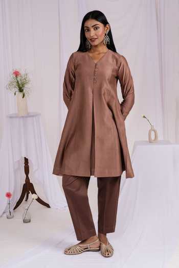 Mushio_Brown Chanderi, Silk, Cotton V-neck Short Kurta And Pant Set _Online_at_Aza_Fashions