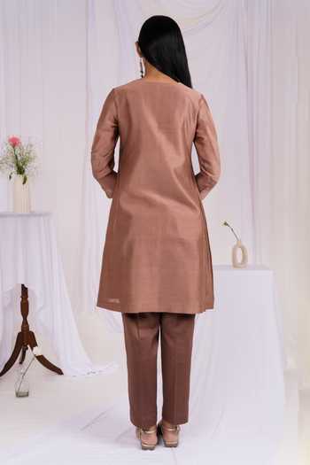 Shop_Mushio_Brown Chanderi, Silk, Cotton V-neck Short Kurta And Pant Set _at_Aza_Fashions