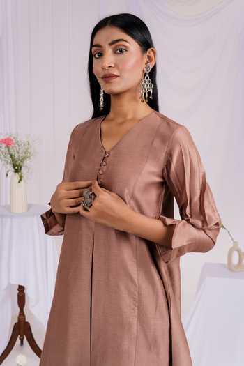 Buy_Mushio_Brown Chanderi, Silk, Cotton V-neck Short Kurta And Pant Set _Online_at_Aza_Fashions