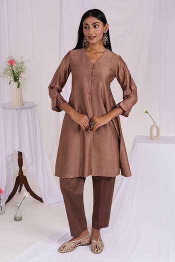 Buy_Mushio_Brown Chanderi, Silk, Cotton V-neck Short Kurta And Pant Set _at_Aza_Fashions