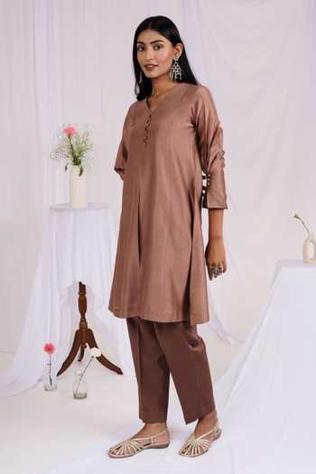 Shop_Mushio_Brown Chanderi, Silk, Cotton V-neck Short Kurta And Pant Set _Online_at_Aza_Fashions