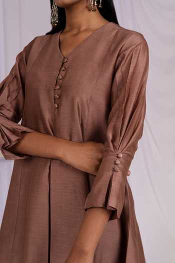 Mushio_Brown Chanderi, Silk, Cotton V-neck Short Kurta And Pant Set _at_Aza_Fashions