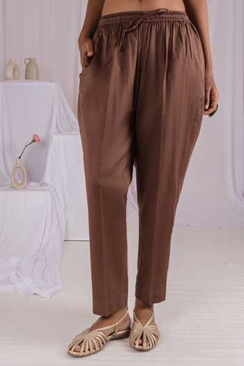 Buy_Mushio_Brown Chanderi, Silk, Cotton V-neck Short Kurta And Pant Set 