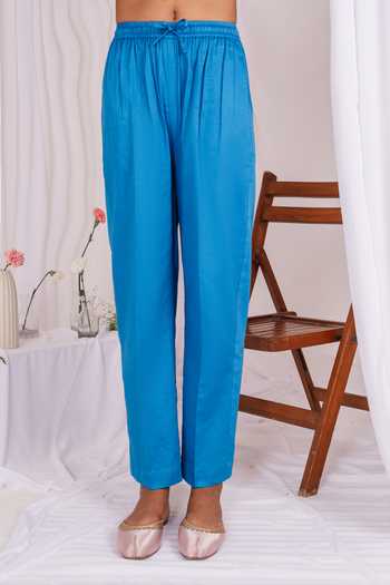 Mushio_Blue Chanderi, Silk, Cotton Keyhole Neck, Yes Kurta And Pant Set _Online_at_Aza_Fashions