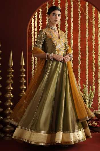 Aaroh By Dolly_Green Silk, Net, Tissue V-neck Sunehri Saanjh Anarkali With Dupatta _Online_at_Aza_Fashions