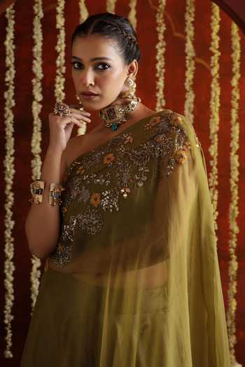 Aaroh By Dolly_Green Organza, Tissue, Muslin One Shoulder Sunehri Saanjh Cape Sharara Set _Online_at_Aza_Fashions
