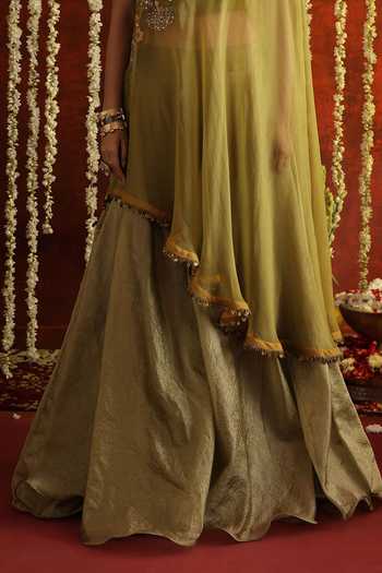 Buy_Aaroh By Dolly_Green Organza, Tissue, Muslin One Shoulder Sunehri Saanjh Cape Sharara Set _Online_at_Aza_Fashions
