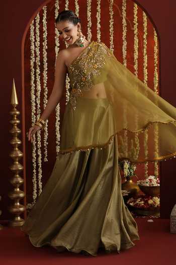 Buy_Aaroh By Dolly_Green Organza, Tissue, Muslin One Shoulder Sunehri Saanjh Cape Sharara Set 