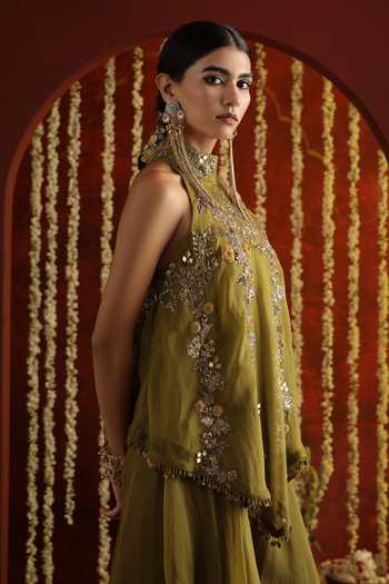 Buy_Aaroh By Dolly_Green Silk, Organza Halter Neck Sunehri Saanjh Top Flared Pant Set _Online_at_Aza_Fashions