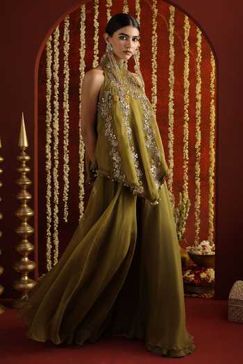 Shop_Aaroh By Dolly_Green Silk, Organza Halter Neck Sunehri Saanjh Top Flared Pant Set 