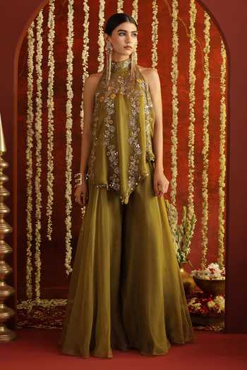 Aaroh By Dolly_Green Silk, Organza Halter Neck Sunehri Saanjh Top Flared Pant Set _Online