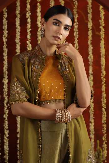 Buy_Aaroh By Dolly_Green Silk, Organza Mandarin Sunehri Saanjh Embroidered Jacket Sharara Set _Online_at_Aza_Fashions