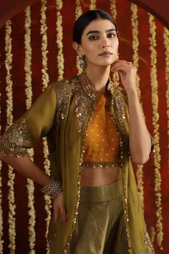 Shop_Aaroh By Dolly_Green Silk, Organza Mandarin Sunehri Saanjh Embroidered Jacket Sharara Set _Online_at_Aza_Fashions