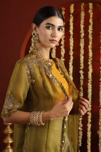 Aaroh By Dolly_Green Silk, Organza Mandarin Sunehri Saanjh Embroidered Jacket Sharara Set _at_Aza_Fashions