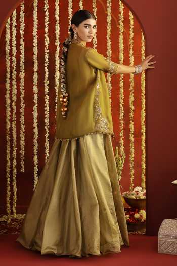 Shop_Aaroh By Dolly_Green Silk, Organza Mandarin Sunehri Saanjh Embroidered Jacket Sharara Set _at_Aza_Fashions
