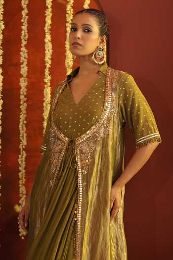 Buy_Aaroh By Dolly_Green Silk, Chanderi, Tissue, Muslin Sunehri Saanjh Tie-up Jacket Palazzo Set _Online_at_Aza_Fashions