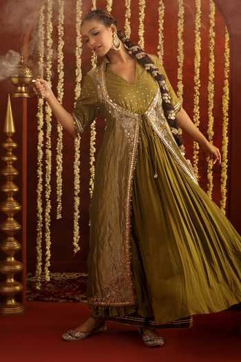 Shop_Aaroh By Dolly_Green Silk, Chanderi, Tissue, Muslin Sunehri Saanjh Tie-up Jacket Palazzo Set _at_Aza_Fashions