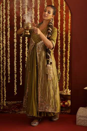 Shop_Aaroh By Dolly_Green Silk, Chanderi, Tissue, Muslin Sunehri Saanjh Tie-up Jacket Palazzo Set _Online_at_Aza_Fashions