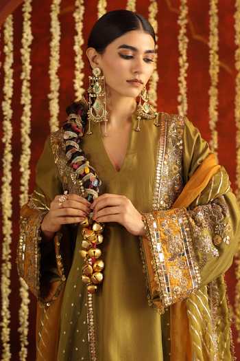 Shop_Aaroh By Dolly_Green Chanderi, Muslin Sunehri Saanjh Embroidered Side Panelled Kurta Set _at_Aza_Fashions