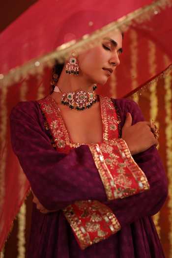 Shop_Aaroh By Dolly_Pink Silk, Organza, Chanderi Sunehri Saanjh Contrast Yoke Short Anarkali Set _Online_at_Aza_Fashions