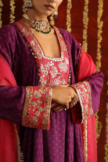 Shop_Aaroh By Dolly_Pink Silk, Organza, Chanderi Sunehri Saanjh Contrast Yoke Short Anarkali Set 