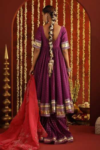 Shop_Aaroh By Dolly_Purple Chanderi, Organza Sweetheart Neck Sunehri Saanjh Choli Cut Anarkali Set _at_Aza_Fashions
