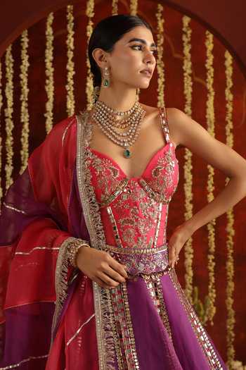 Aaroh By Dolly_Purple Dupion, Silk Organza Sunehri Saanjh Embroidered Corset Lehenga Set _Online_at_Aza_Fashions