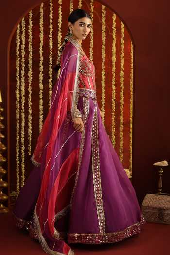 Shop_Aaroh By Dolly_Purple Dupion, Silk Organza Sunehri Saanjh Embroidered Corset Lehenga Set _at_Aza_Fashions