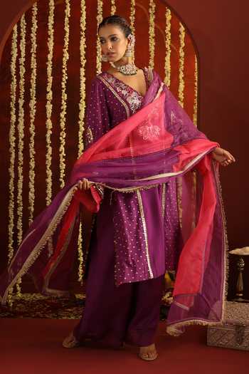 Aaroh By Dolly_Purple Organza, Chanderi, Muslin V-neck, Sunehri Saanjh Embroidered Kurta Set _at_Aza_Fashions