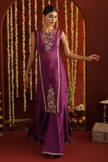 Buy_Aaroh By Dolly_Purple Silk, Organza, Muslin, Sunehri Saanjh Floral Embroidered Cape Sharara Set _at_Aza_Fashions