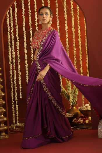 Aaroh By Dolly_Purple Muslin, Dupion Halter Sunehri Saanjh Embroidered Pre-draped Saree Set _Online_at_Aza_Fashions