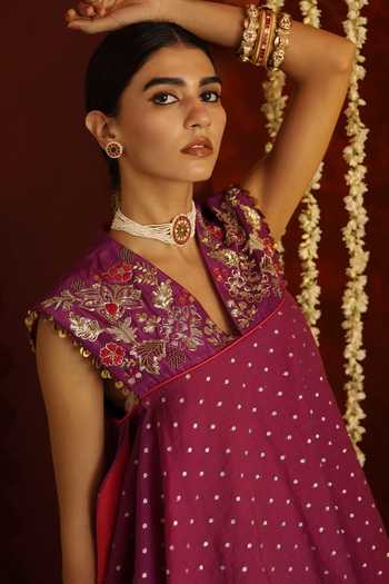 Aaroh By Dolly_Purple Chanderi, Muslin, Sunehri Saanjh Hand Embroidered Top With Sharara  _Online_at_Aza_Fashions