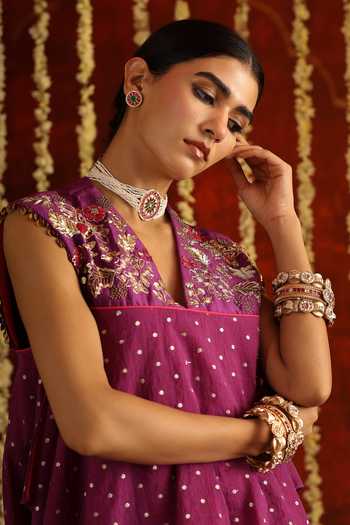 Shop_Aaroh By Dolly_Purple Chanderi, Muslin, Sunehri Saanjh Hand Embroidered Top With Sharara  _Online_at_Aza_Fashions
