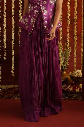 Aaroh By Dolly_Purple Silk, Muslin, Dupion Sunehri Saanjh Hand Embroidered Waistcoat And Pant Set _Online_at_Aza_Fashions