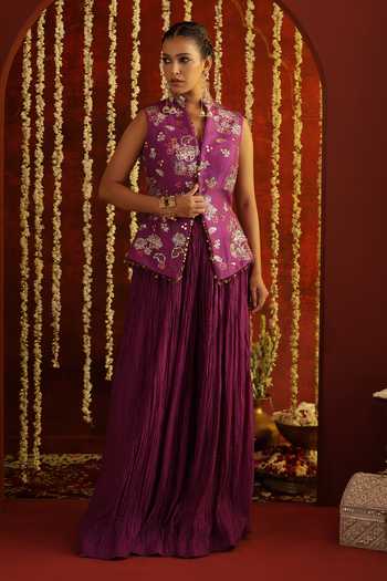 Shop_Aaroh By Dolly_Purple Silk, Muslin, Dupion Sunehri Saanjh Hand Embroidered Waistcoat And Pant Set _at_Aza_Fashions