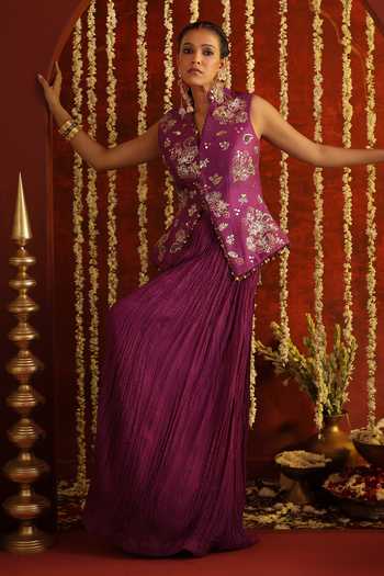 Shop_Aaroh By Dolly_Purple Silk, Muslin, Dupion Sunehri Saanjh Hand Embroidered Waistcoat And Pant Set _Online_at_Aza_Fashions