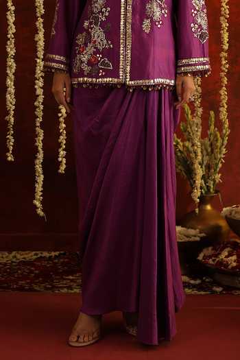 Aaroh By Dolly_Purple Silk, Dupion V-neck Sunehri Saanjh Embroidered Kurta And Skirt Set  _Online_at_Aza_Fashions