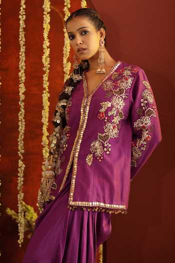 Shop_Aaroh By Dolly_Purple Silk, Dupion V-neck Sunehri Saanjh Embroidered Kurta And Skirt Set  _at_Aza_Fashions