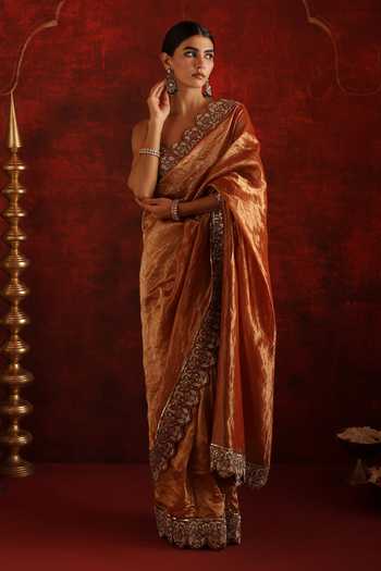 Buy_Aaroh By Dolly_Brown Silk, Tissue V-neck Hand Dabka Embroidered Saree With Blouse _Online_at_Aza_Fashions