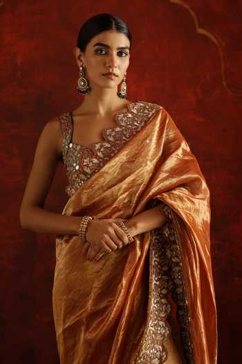 Shop_Aaroh By Dolly_Brown Silk, Tissue V-neck Hand Dabka Embroidered Saree With Blouse _Online_at_Aza_Fashions