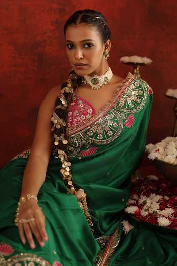 Buy_Aaroh By Dolly_Green Silk, Dupion Embroidery, Sequins, Pearls Padmira Saree With Corset 